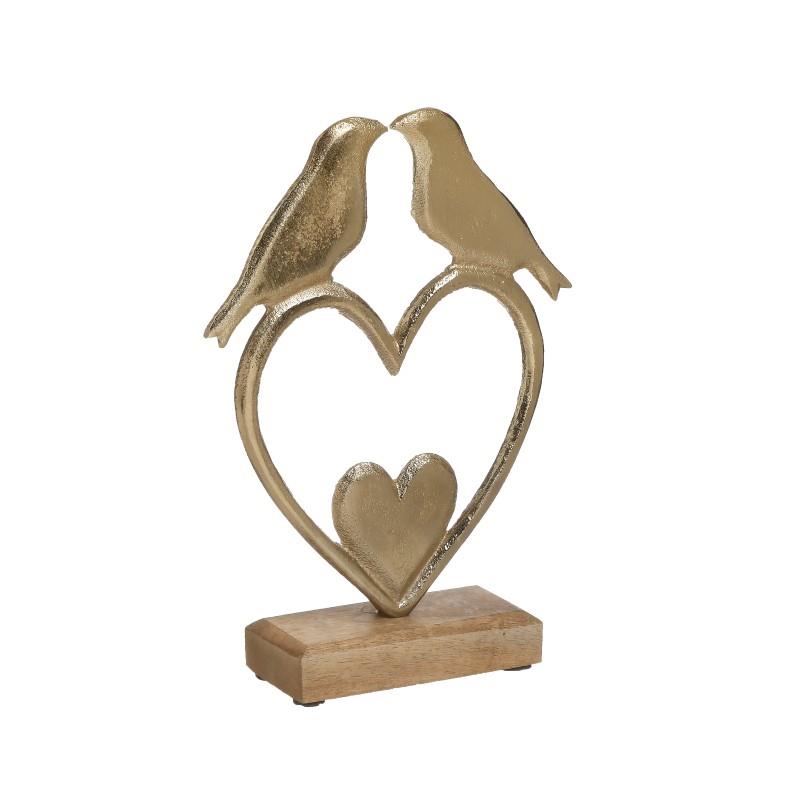 3709850068 DEKORATIVNO SRCE SA PTIČICAMA DRVO METAL NATURAL ZLATNO 22X5X18 CM