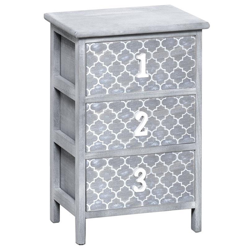 3503600005 DRVENA KOMODA SA 3 FIJOKE SIVA SA BROJEVIMA 36*26*54cm
