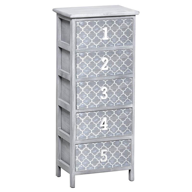 3503600007 DRVENA KOMODA SA 5 FIJOKA SIVA SA BROJEVIMA 36*26*84cm