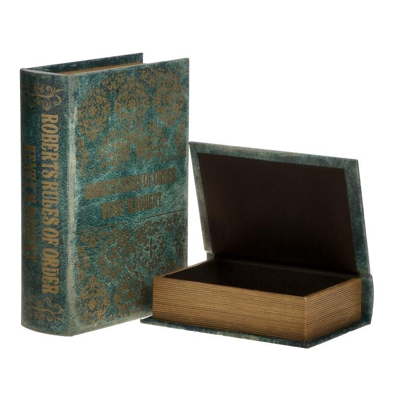 3701060028 DRVENA KUTIJA KNJIGA OBLOŽENA VEŠTAČKOM KOŽOM TIRKIZ ZLATNA S/2 19X7X27 CM