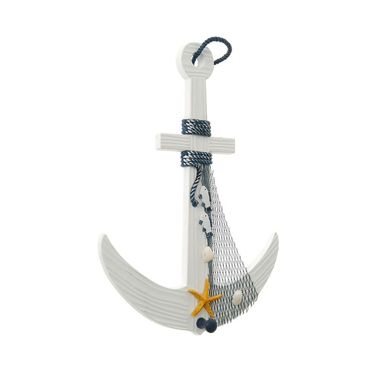 51677 DRVENA ZIDNA VEŠALICA U OBLIKU SIDRA TEGET BELA 30*41cm