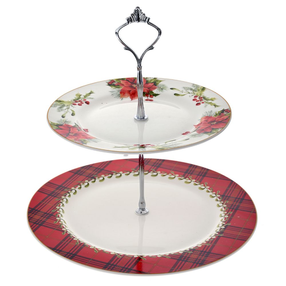 79874  ETAŽER BONE CHINA CRRVENO BELA SA BOŽIĆNIM CVETOM 26*19 CM