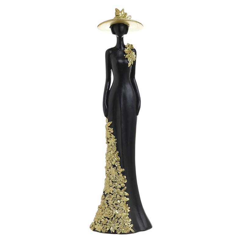 3704010088 FIGURA DEVOJKA CRNO ZLATNA SA ŠEŠIROM OD POLIREYINA 8X5X27 CM