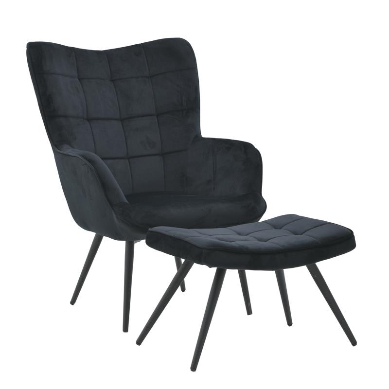 3500640023 FOTELJA I TABURE S/2 CRNI PLIŠANI 80X70X100 / 60X40X60 CM