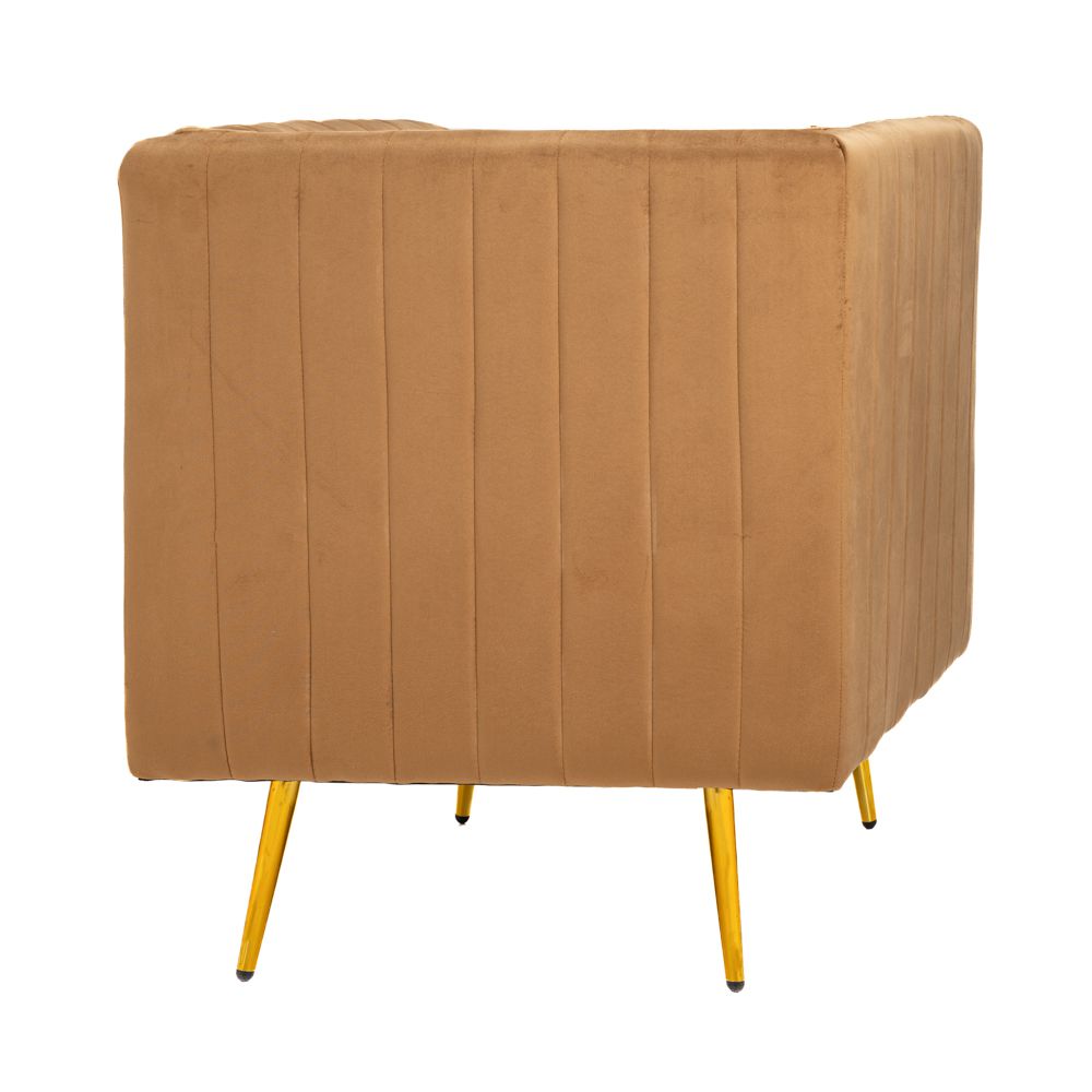 FOTELJA TAPACIRANA SVETLO BRAON PLIŠEM  69X73X80 CM SA METALNIM NOGAMA 20 CM