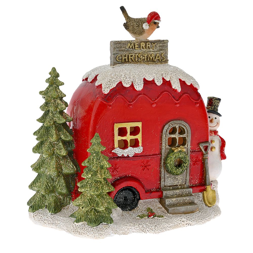 79302 KAMPER CRVENI SA SNEŠKOM I JELKAMA OD POLIREZINA 15X9X14 CM