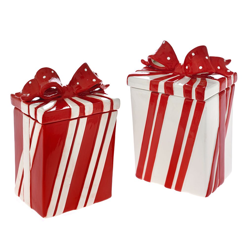 81577 KERAMIČKA KUTIJA POKLONČIĆI CRVENO BELI 2 DEZENA 11X8X19 CM