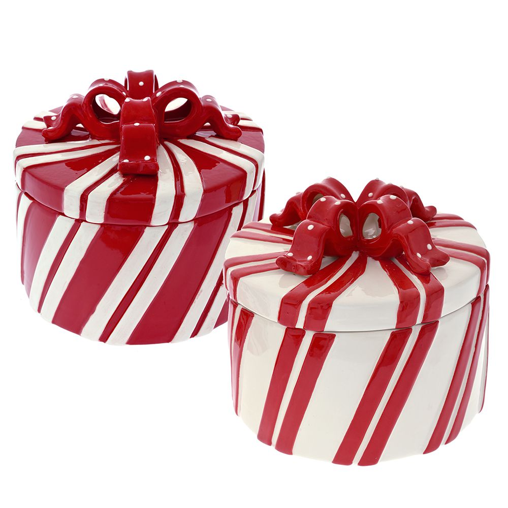 81581 KERAMIČKA KUTIJA POKLONČIĆI CRVENO BELI 2 DEZENA 16X16X15 CM