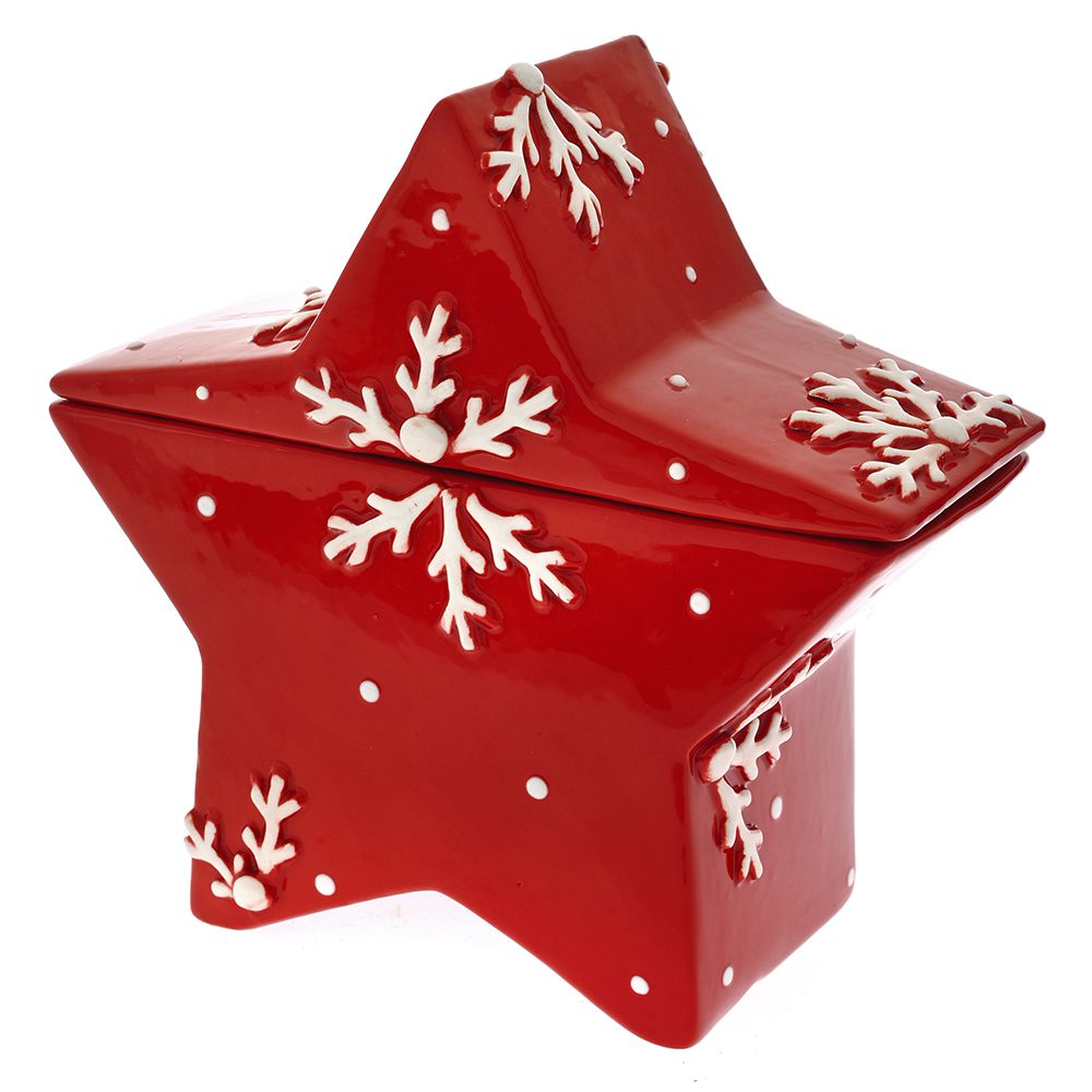 81570 KERAMIČKA KUTIJA ZVEZDA CRVENA SA PAHULJAMA 19X9X18 CM