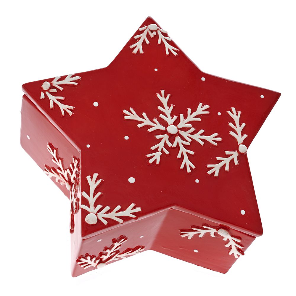 81573 KERAMIČKA KUTIJA ZVEZDA CRVENA SA PAHULJAMA 25X24X10 CM
