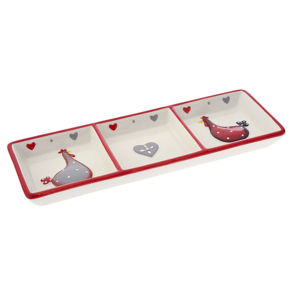 77844 KERAMIČKI TANJIR CRVENO BELI SA KOKAMA 23X8X2,5 CM