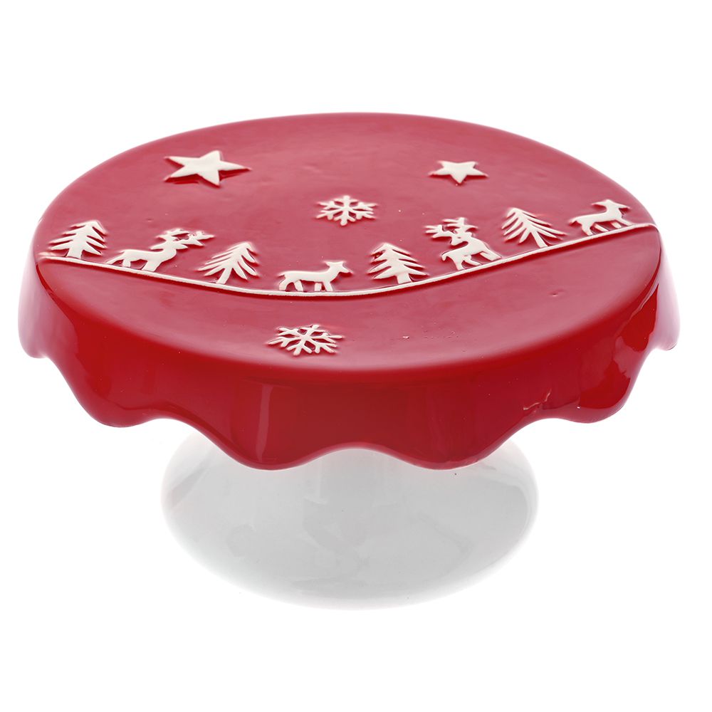 81849 KERAMIČKI TANJIR NA STOPI CRVENO BELI 18X17X8 CM