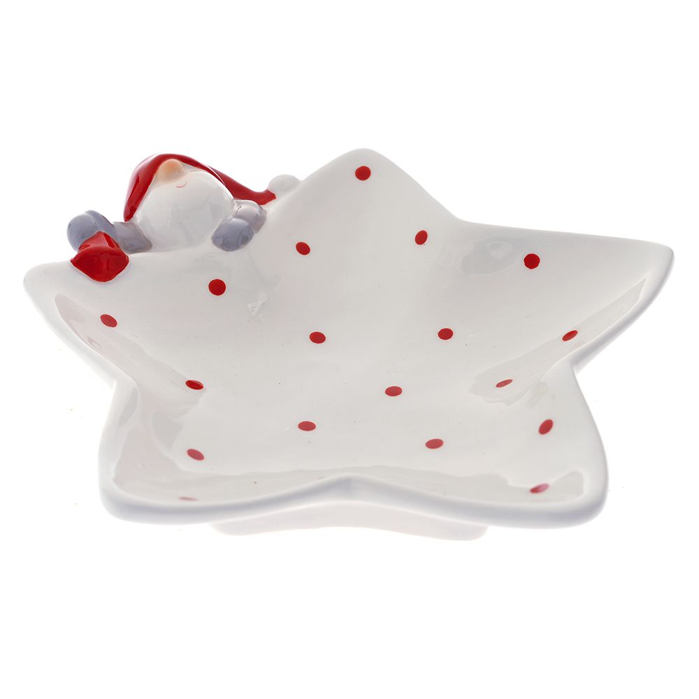 81427 KERAMIČKI TANJIR ZVEDA SA DEDA MRAZOM BELO CRVENI 17X16X5 CM
