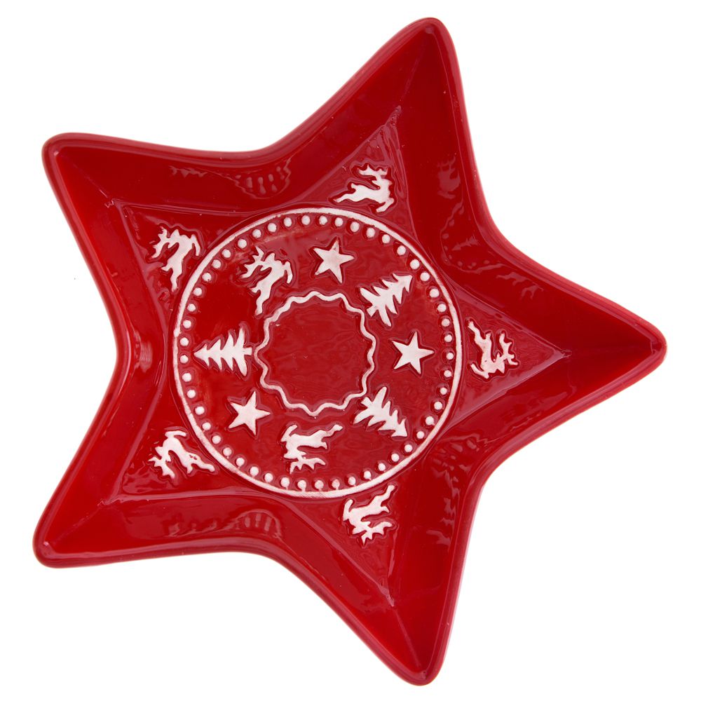 74795 KERAMIČKI TANJIR ZVEZDA CRVENI SA BELIM UKRASIMA 18*18 CM