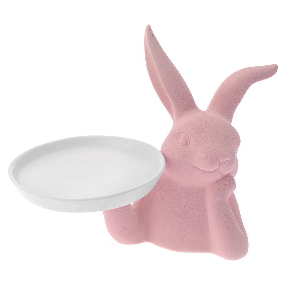 77630 KERAMIČKI ZEC ROZE SA TANJIROM 21.6X16.2X18 CM