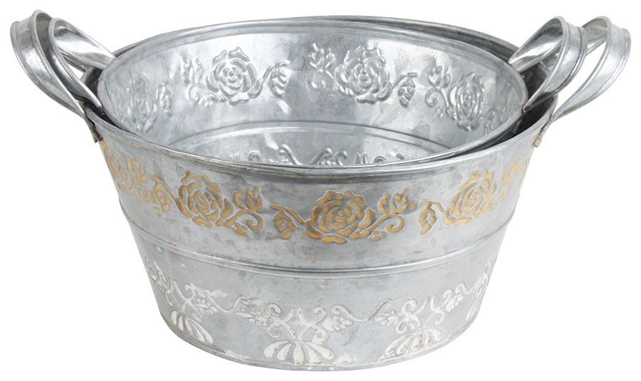 3708080034 METALNA ŽARDINJERA SREBRNA SA ZLATNIM RUŽAMA S/2 22*11.5cm