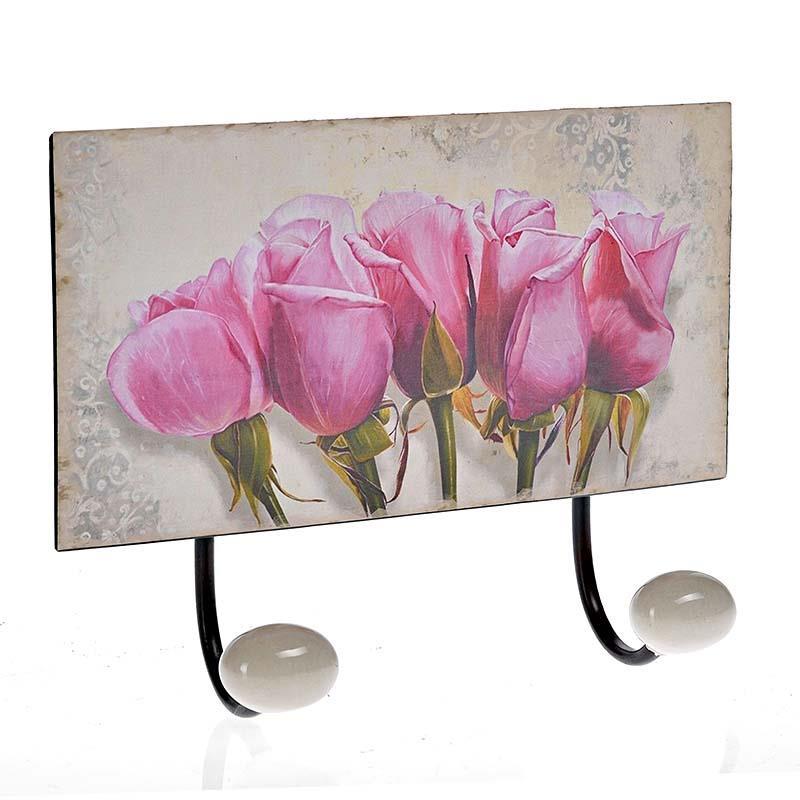 3707730057 METALNA ZIDNA VEŠALICA BELA SA PINK CVETOVIMA 23*5*15cm