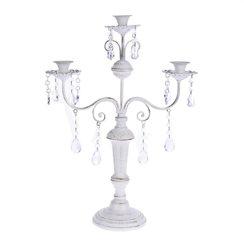 3708720107 METALNI BELI SVEĆNJAK ZA 3 SVEĆE SA KRISTALIMA 41*15*56cm