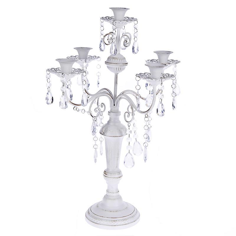3708720106 METALNI BELI SVEĆNJAK ZA 5 SVEĆA SA KRISTALIMA 41*41*56cm