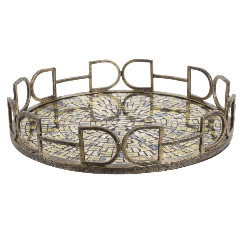 3707850003 METALNI POSLUŽAVNIK SA MOZAIK STAKLOM OKRUGLI ANTIK ZLATNI 35*35*7cm