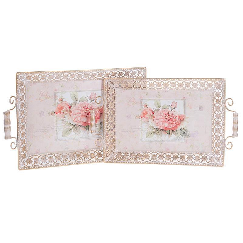 3702720029 METALNI POSLUŽAVNIK SA ROZE RUŽAMA S/2 49*29*4cm