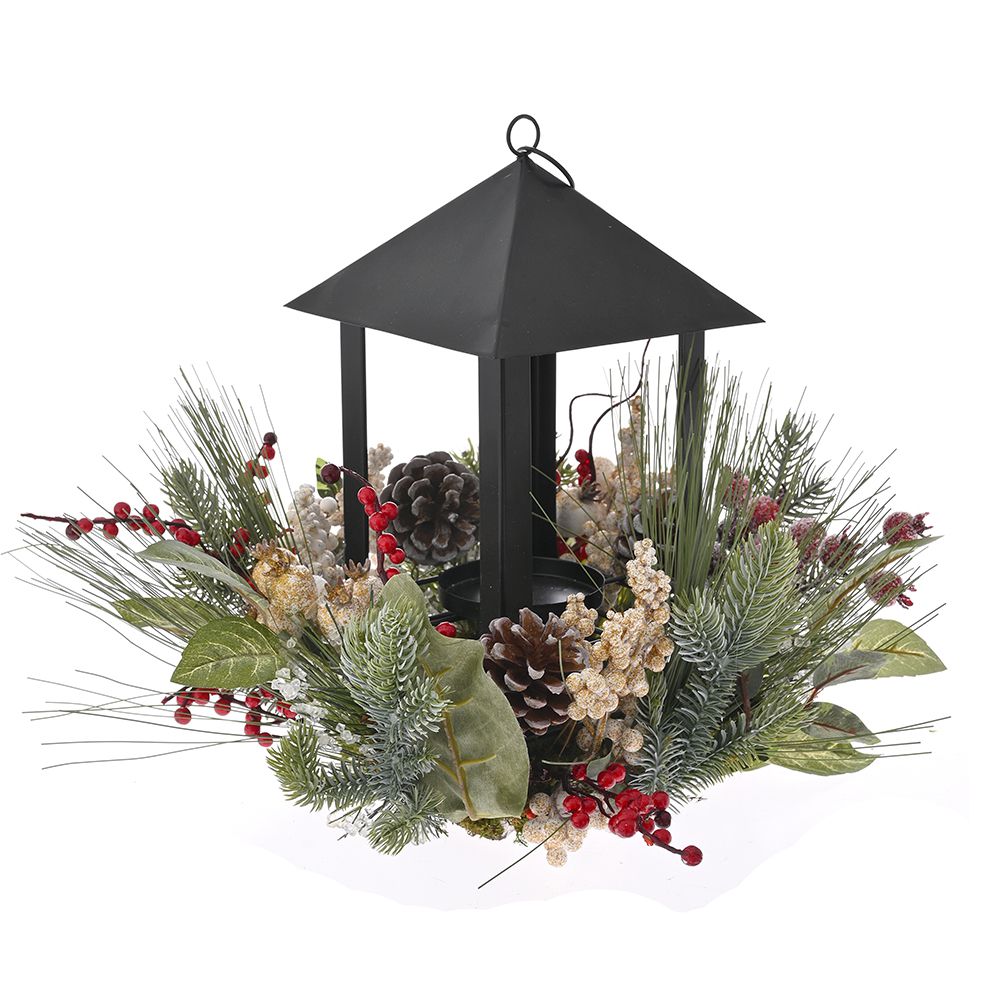 81626 METALNI SVEĆNJAK FENJER SA KREM CRVENIM BOBICAMA 33X28 CM