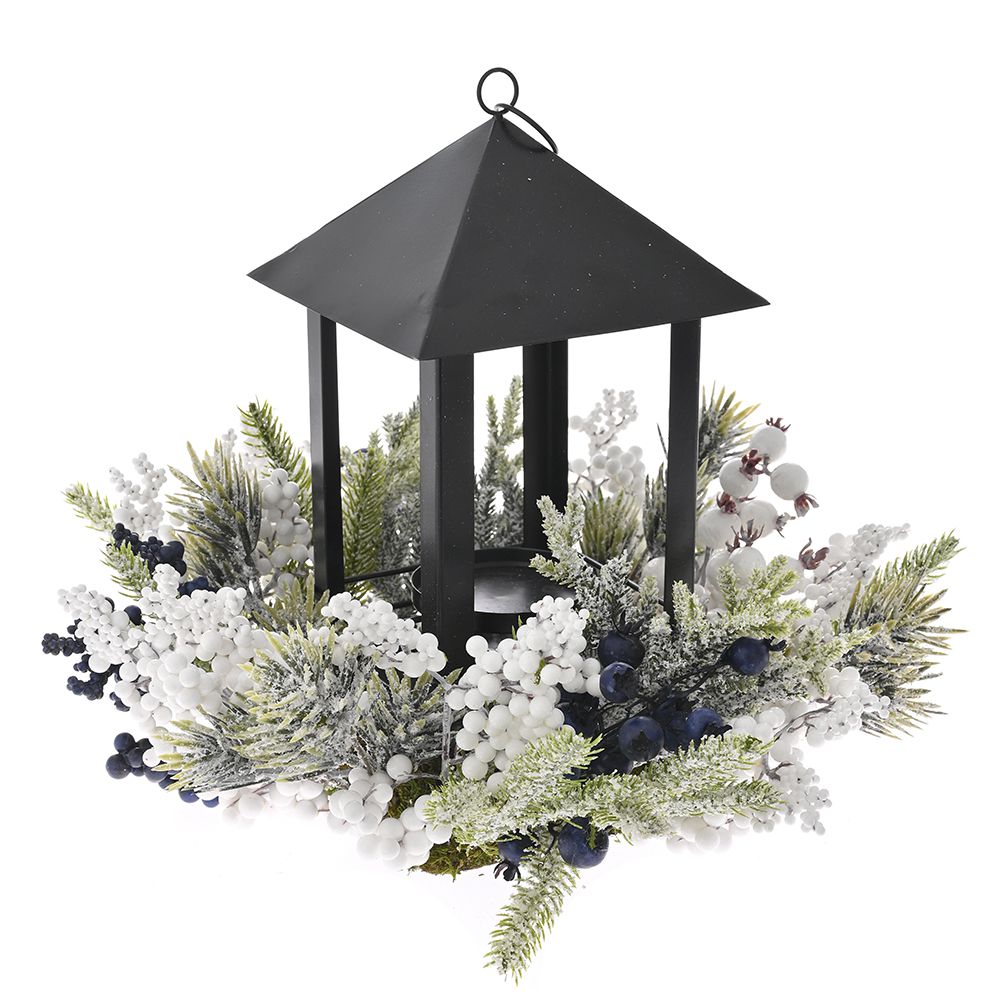 81598 METALNI SVEĆNJAK FENJER SA PLAVO BELIM BOBICAMA 33X28 CM