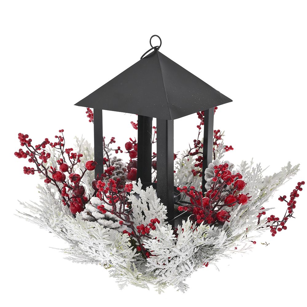 81633 METALNI SVEĆNJAK FENJER SA SNEŽNIM CRVENIM BOBICAMA 33X28 CM