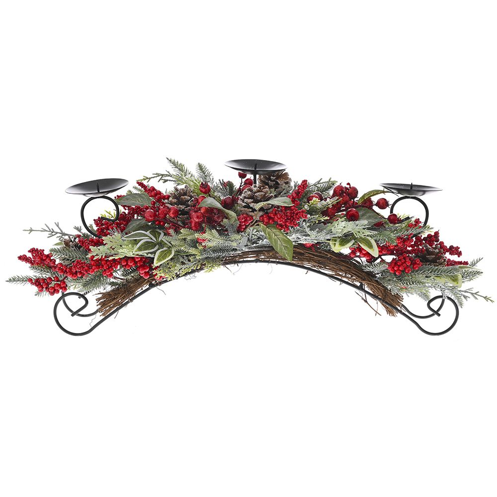 81618 METALNI SVEĆNJAK ZA 3 SVEĆE SA BORDO BOBICAMA 75 CM