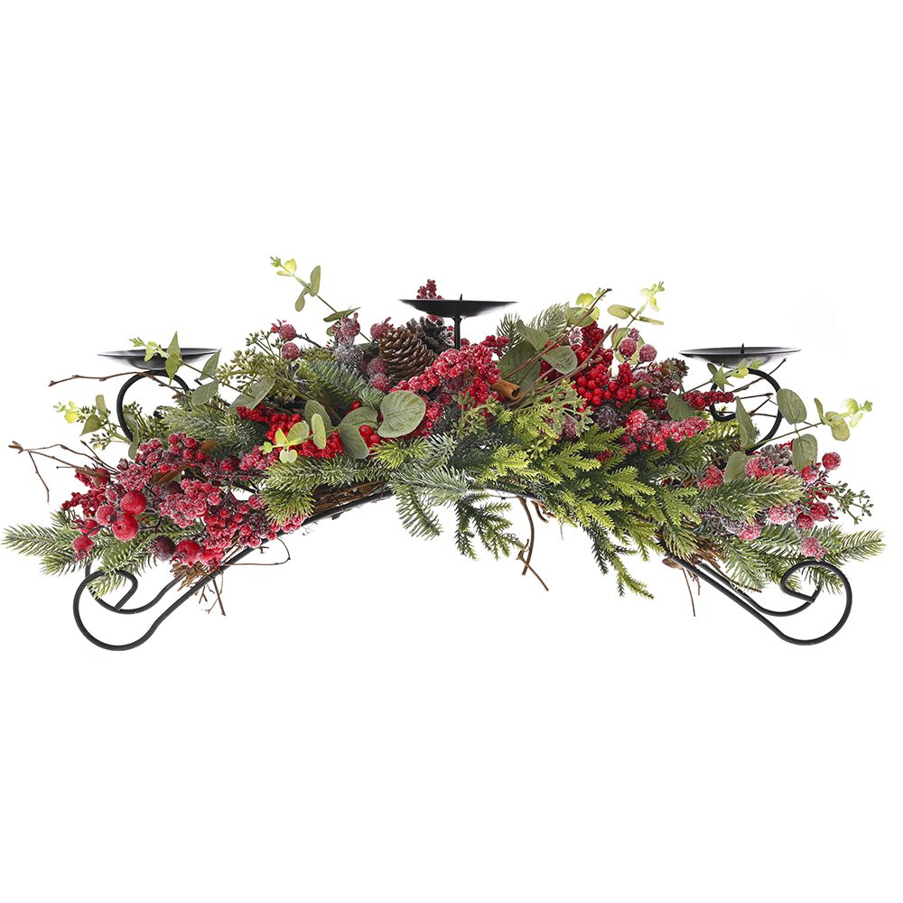 81590 METALNI SVEĆNJAK ZA 3 SVEĆE SA CRVENIM BOBICAMA 75 CM