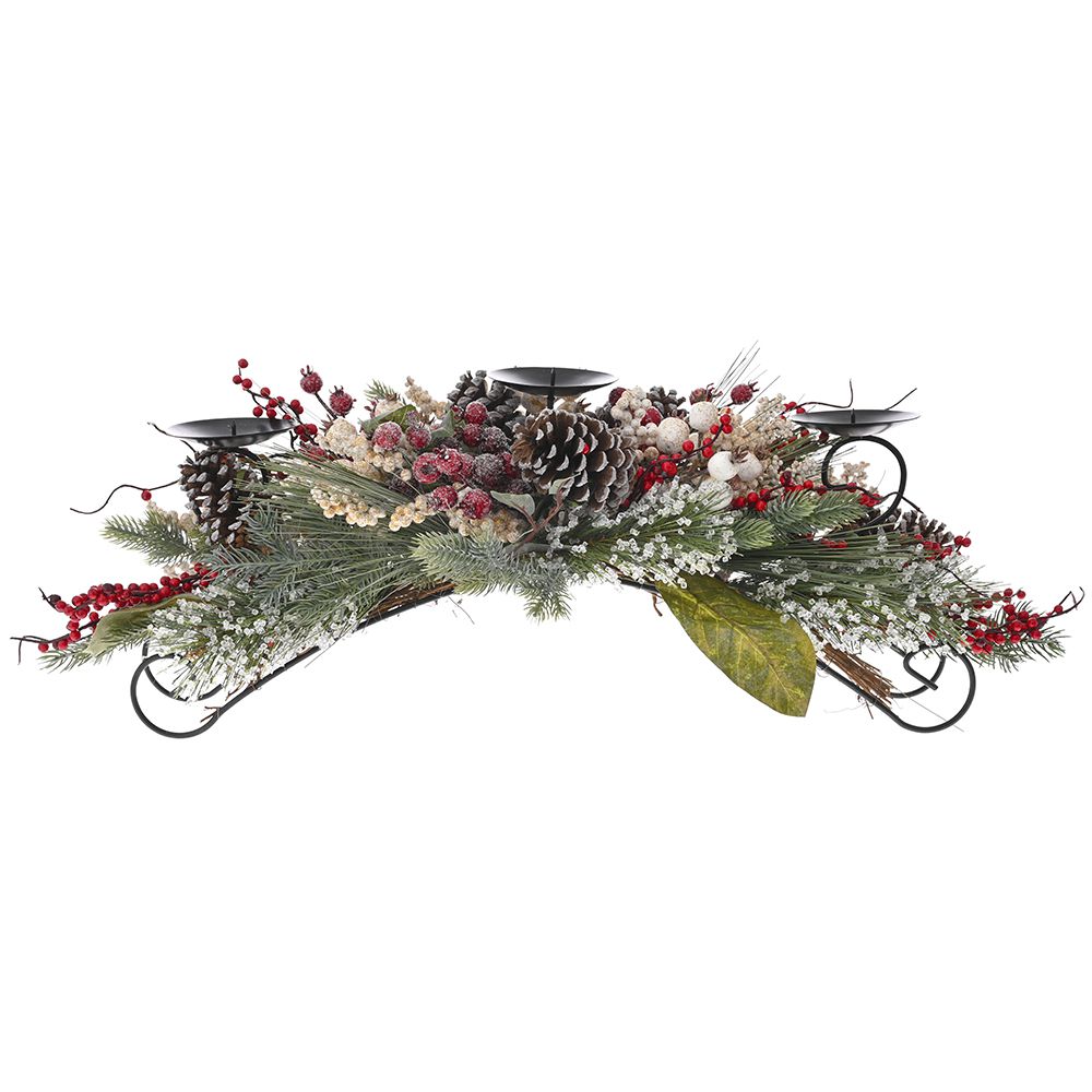81625 METALNI SVEĆNJAK ZA 3 SVEĆE SA KREM CRVENIM BOBICAMA 75 CM