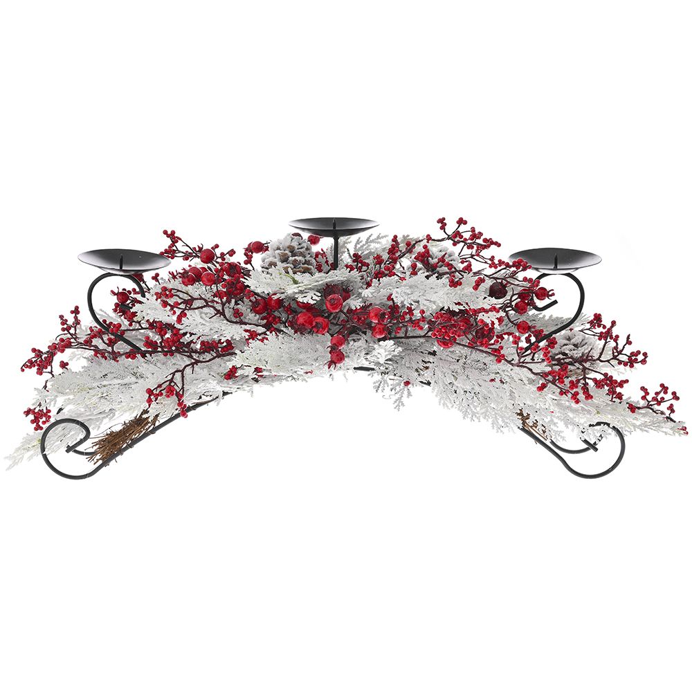 81632 METALNI SVEĆNJAK ZA 3 SVEĆE SA SNEŽNIM CRVENIM BOBICAMA 75 CM