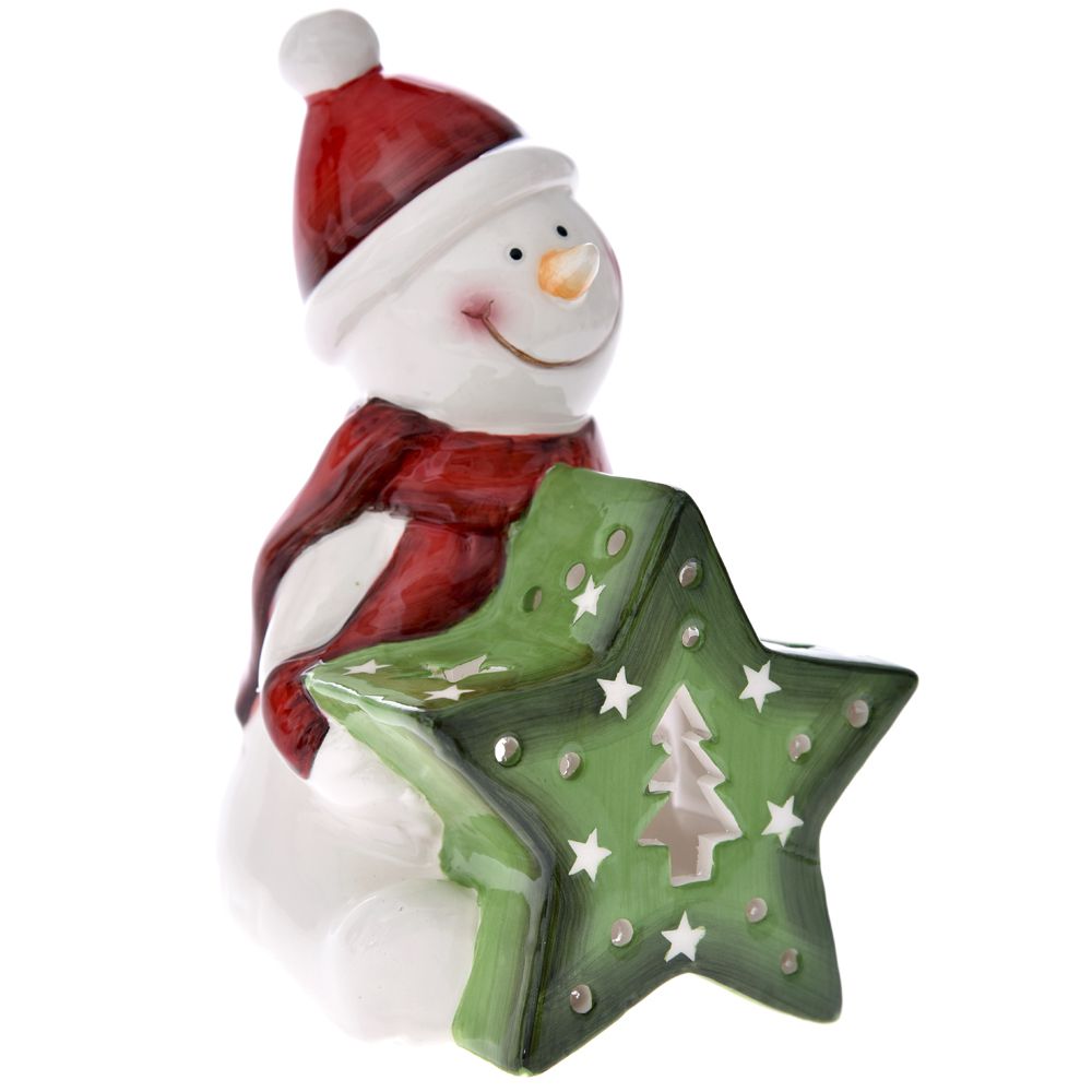 69139 Y NG.SVETLEĆA KERAMIČKA FIGURA SNEŠKO I ZVEZDA SA LED SIJALICAMA 9*10*15cm