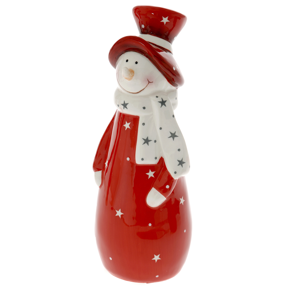58636 Y NOVOGODIŠNJA KERAMIČKA FIGURA SVEĆNJAK SNEŠKO CRVENO BELI 7*7*19cm