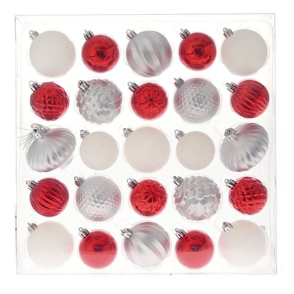 PLASTIČNE KUGLE CRVENO BELE SET/25 31X31X6 CM