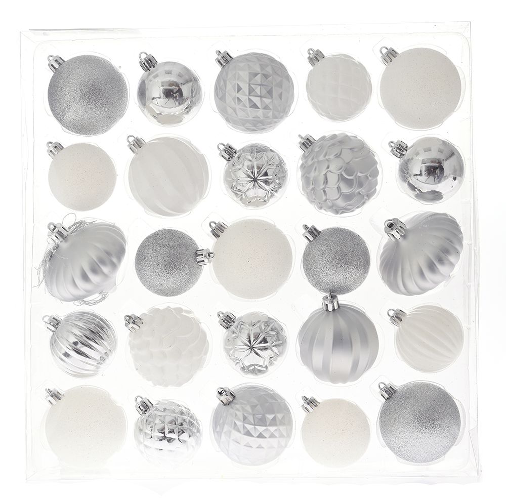 PLASTIČNE KUGLE SREBRNO BELE SET/25 31X31X6 CM
