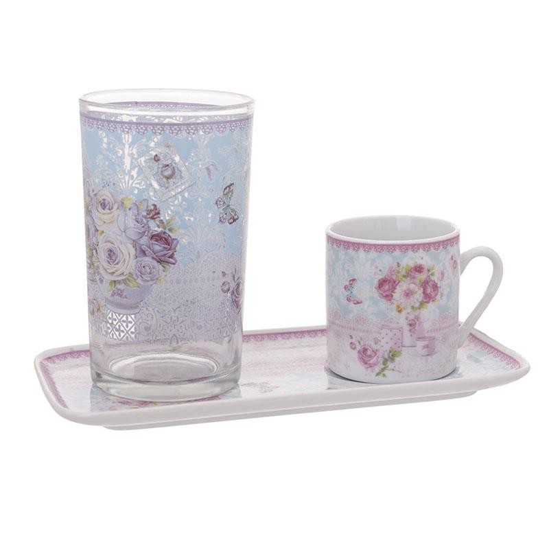 3609190078 PORCELANSKA ŠOLJA SA STAKLENOM ČAŠOM NA TACNI 