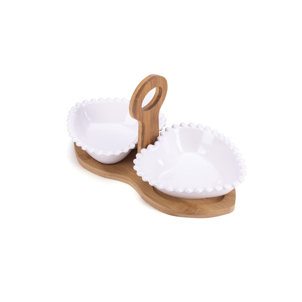 D-388 PORCELANSKE BELE ČINIJICE U OBLIKU SRCA NA DRVENOM POSTOLJU S/3 26X14 CM