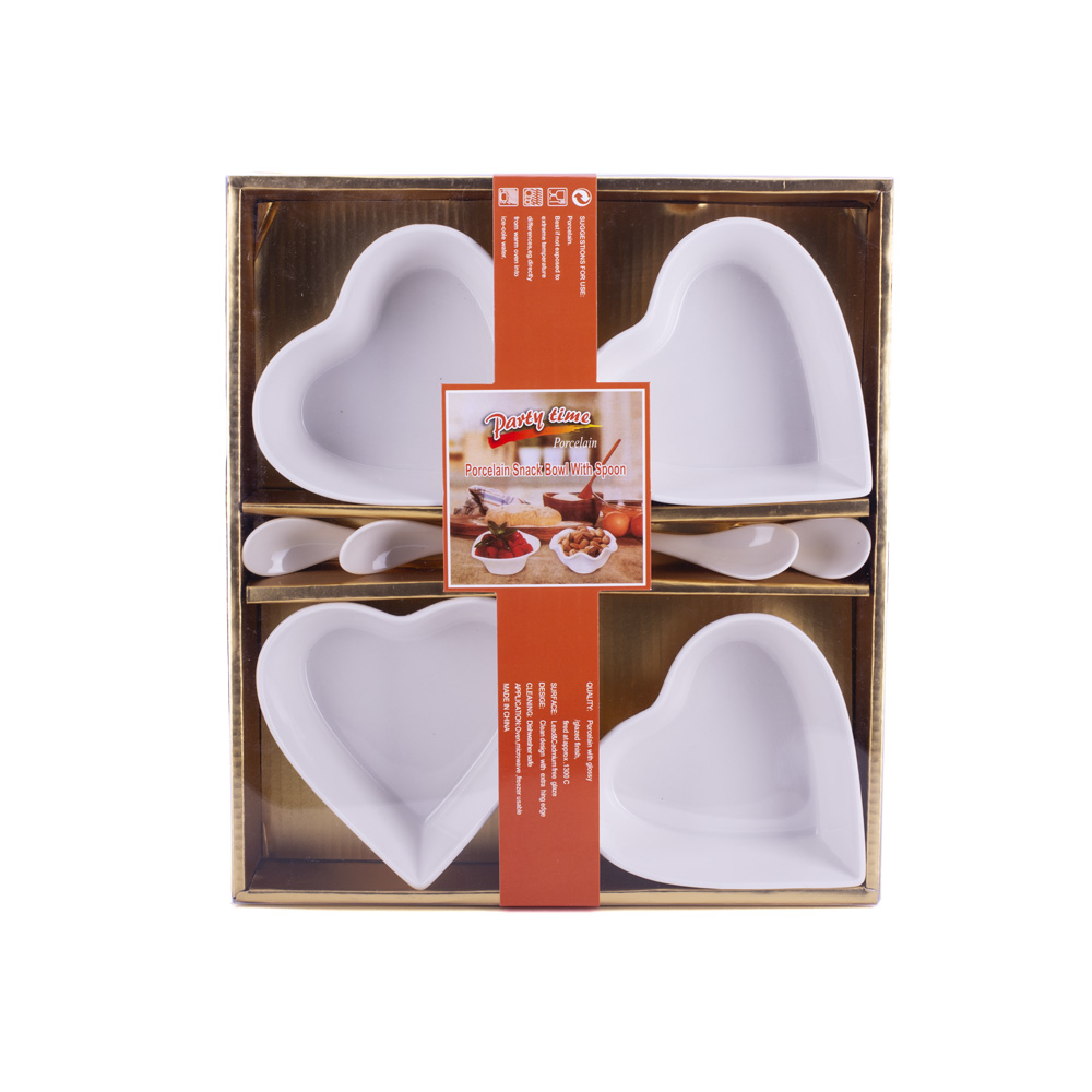 D-394 PORCELANSKE BELE ČINIJICE U OBLIKU SRCA SA KAŠIKICAMA S/4 11X11 CM