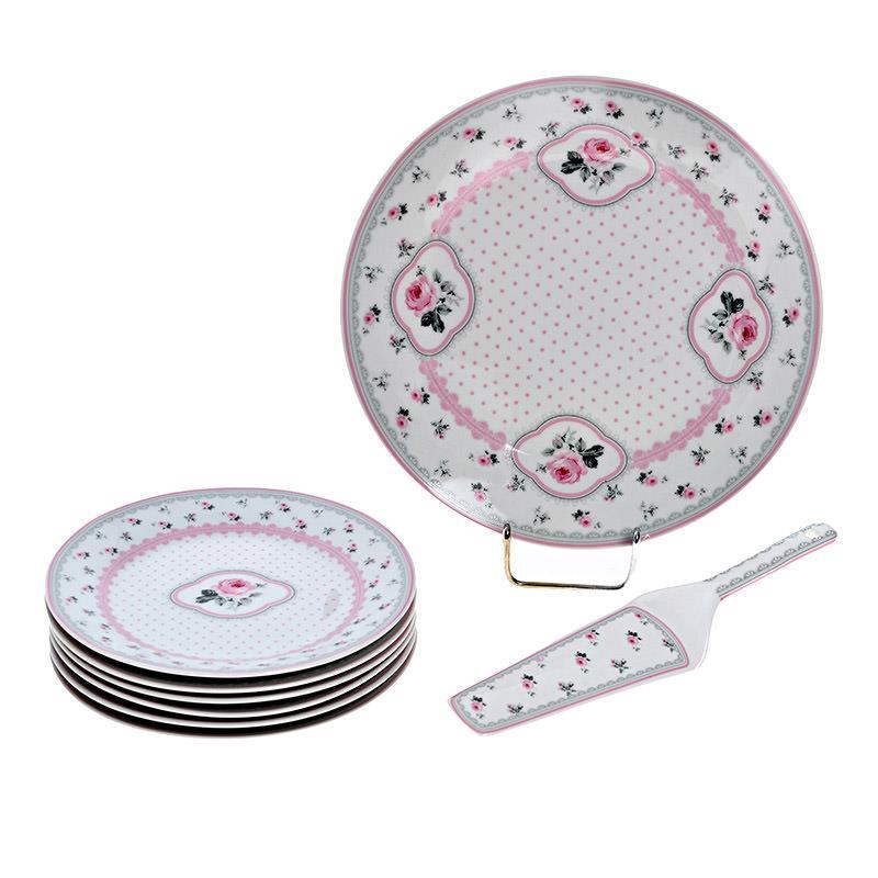 3609190056 PORCELANSKI DESERTNI TANJIRI SA KASIKOM BELI SA ROZE RUZAMA