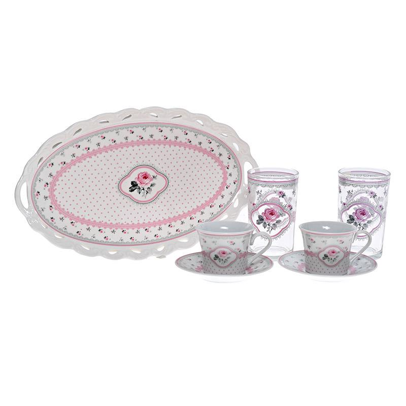 3609190057 PORCELANSKI SET I STAKLENE ČAŠE SA ROZE RUŽAMA S/5
