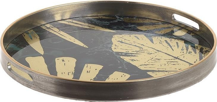 3707050059 POSLUŽAVNIK DRVENI CRNO ZLATNI SA LISTOVIMA 45*4.5cm