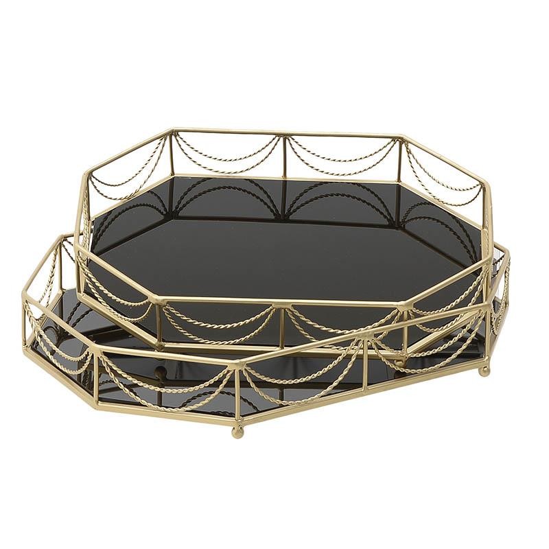 3701180010 POSLUŽAVNIK METAL STAKLO CRNO ZLATNI S/2 43*33*8cm