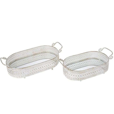 3708980053 POSLUŽAVNIK METALNI SA OGLEDALOM ANTIK BELI S/2 