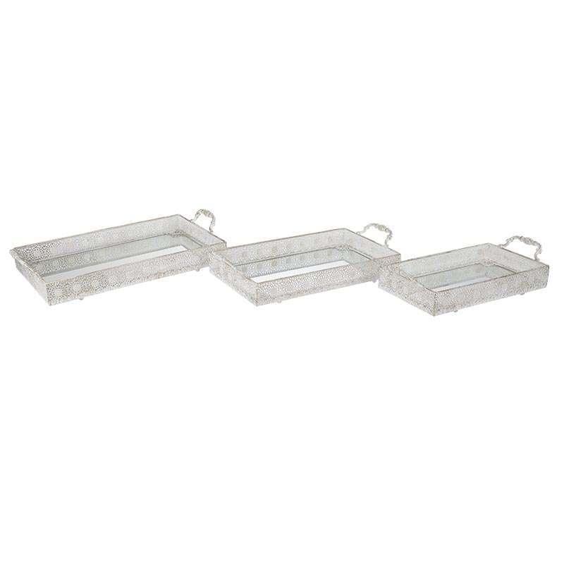 3708980056 POSLUŽAVNIK METALNI SA OGLEDALOM ANTIK BELI S/3