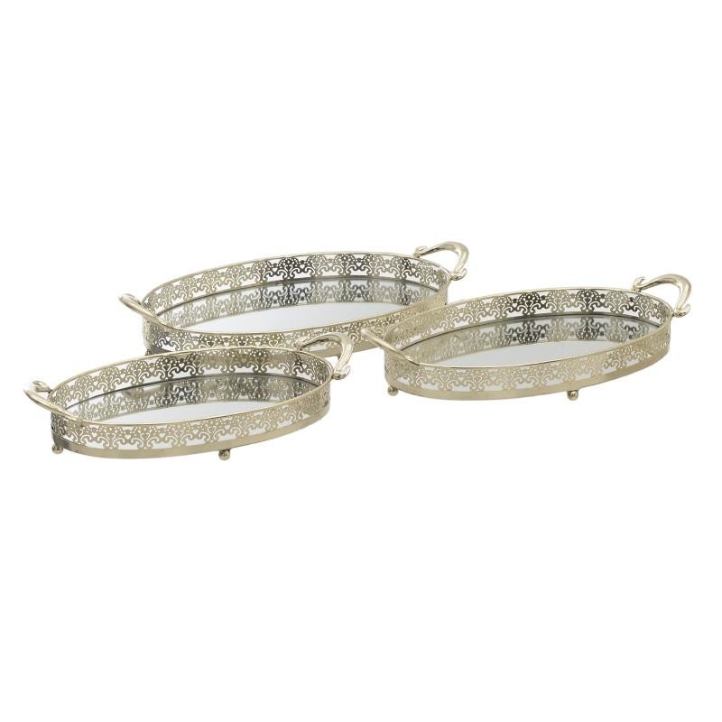 3709610005 POSLUŽAVNIK METALNI SA OGLEDALOM ANTIK BRONZANI S/3 37*23.5*5cm
