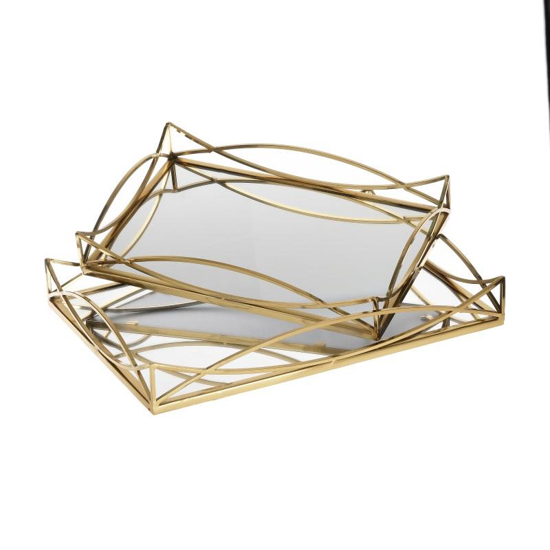 3707290059 POSLUŽAVNIK METALNI ZLATNI SA OGLEDALOM /2 35X25X5 CM