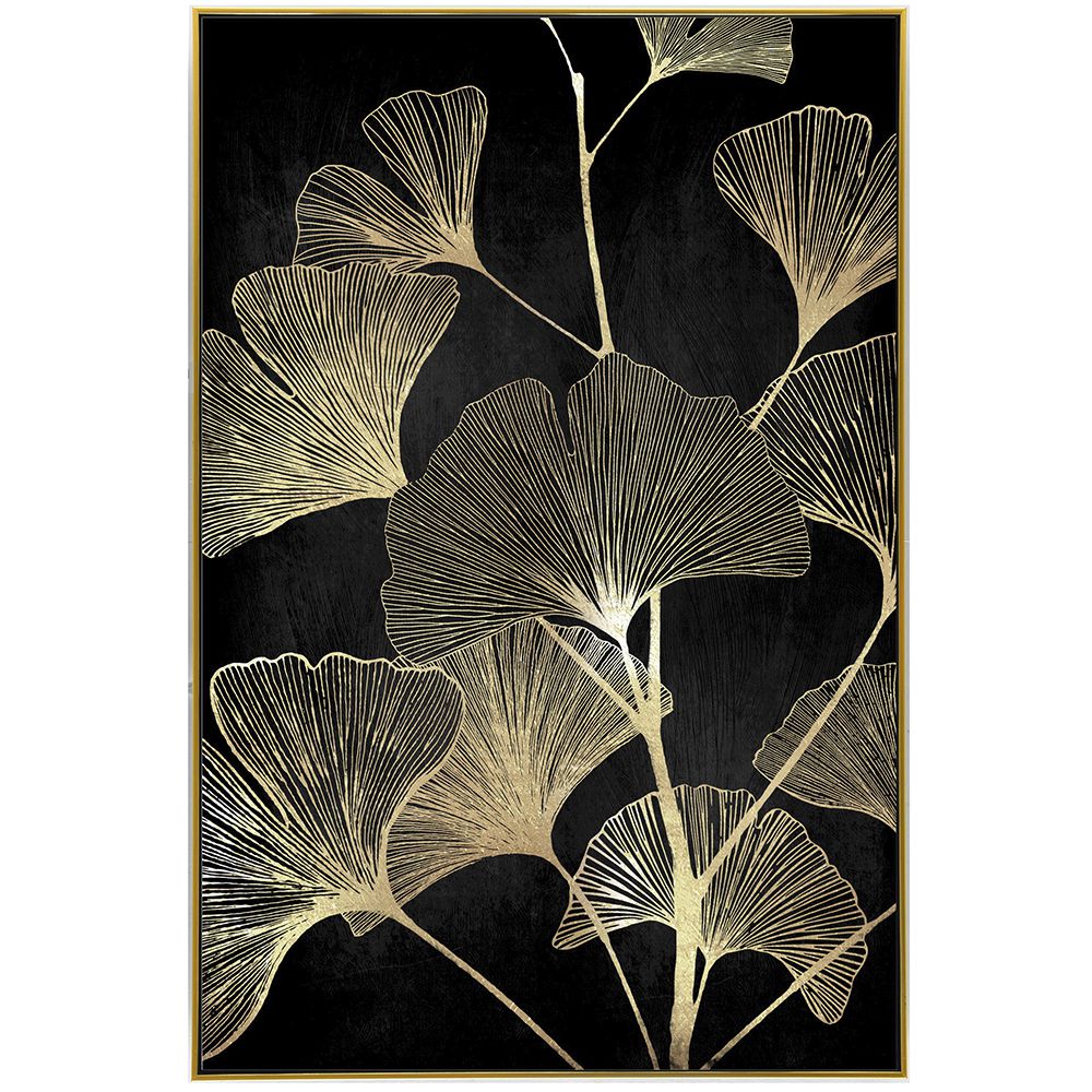 76513 SLIKA NA PLATNU SA RAMOM CRNA SA ZLATNIM LISTOVIMA 82X122 CM