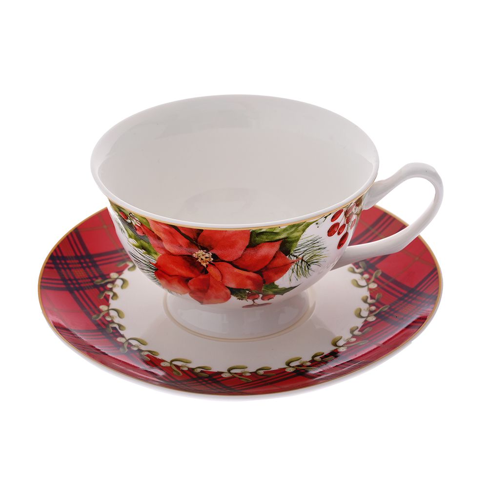 79876 ŠOLJA  BONE CHINA CRRVENO BELA SA BOŽIĆNIM CVETOM 220 ML