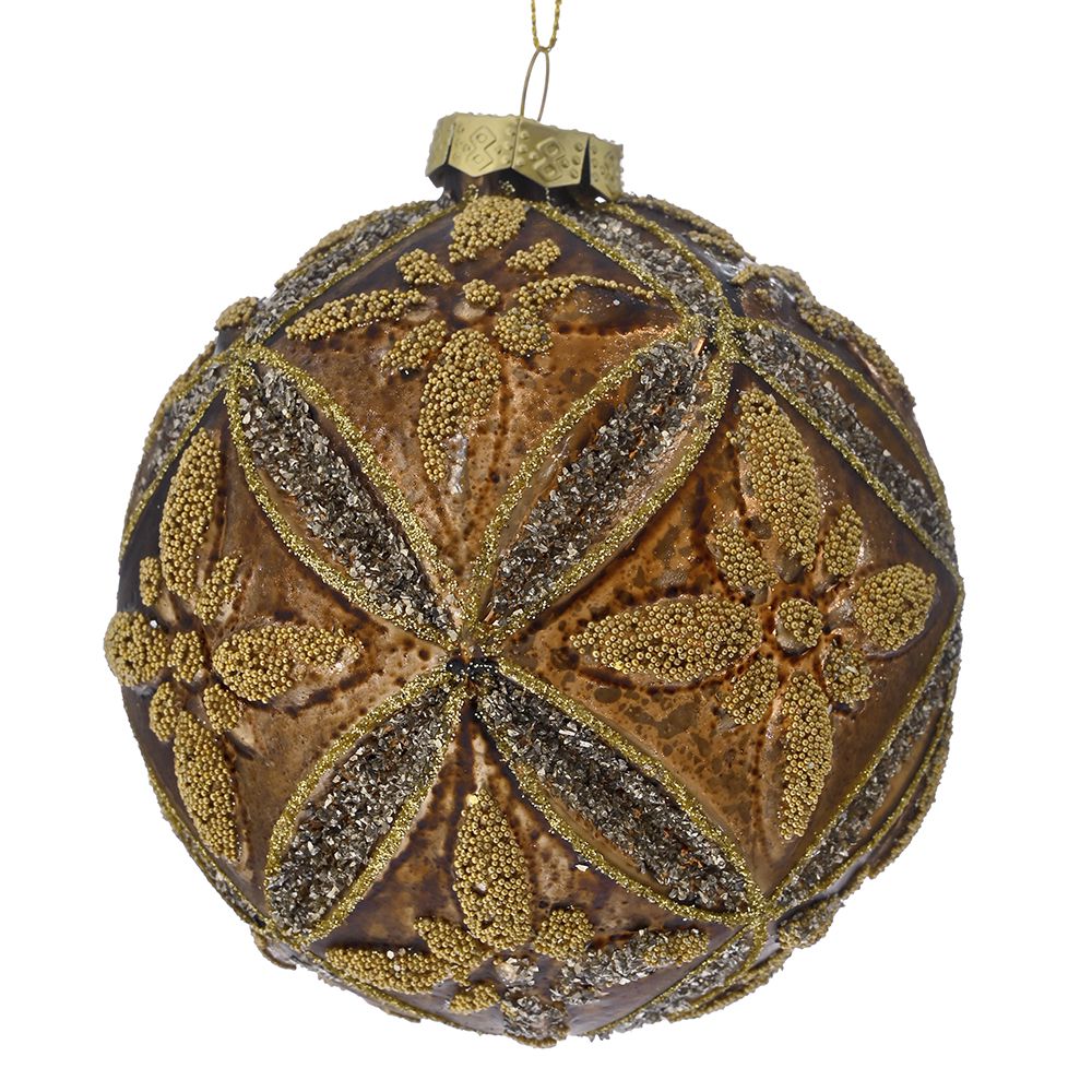 STAKLENA KUGLA 10 CM S/4 BRAON ZLATNA  SA ORNAMENTIMA